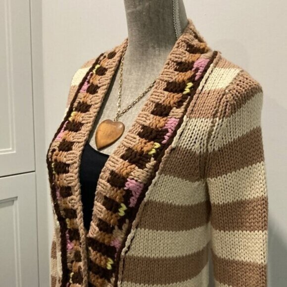 Anthropologie Cardigan with Stripes & Crochet Details Size Small Beige/Tan - Picture 12 of 14